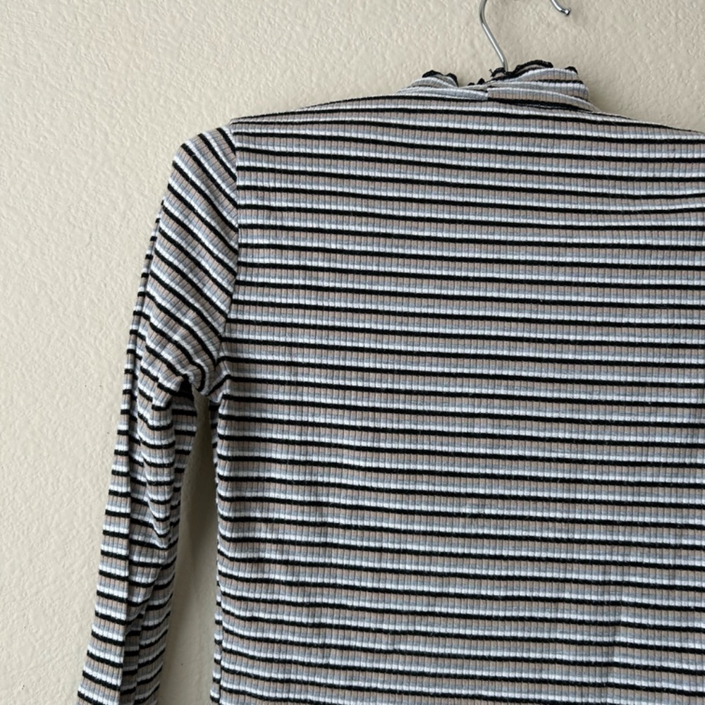 Crop Top Long Sleeve Stripe Tan Black Gray Cream Ruffle Edge by Agaci Size Small - Picture 7 of 12